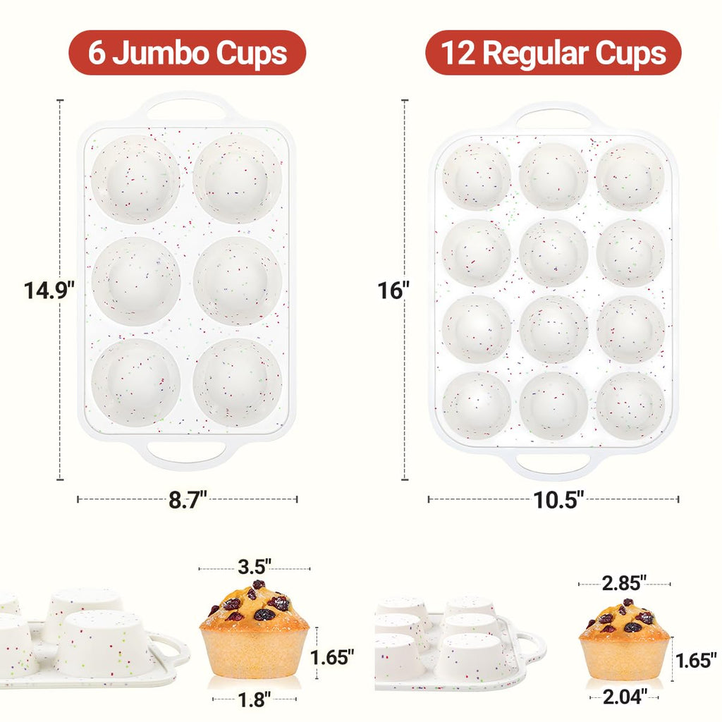 Silicone Muffin Pans for Baking, Metal Reinforced Frame Jumbo 6 Cups & Regular 12 Cups Cupcake Pan Nonstick Muffin Pan for Homemade Baking Easy to Handle