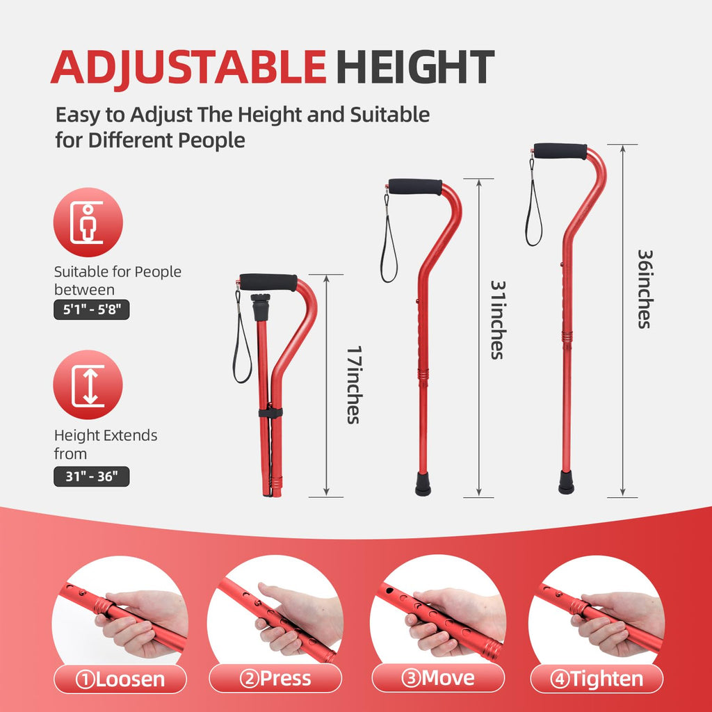 BeneCane Walking Cane for Men & Women Adjustable Cane with Offset Soft Cushioned Handle -Portable Lightweight Sturdy Mobility Walker Aid for Elderly, Seniors Collapsible Cane Red