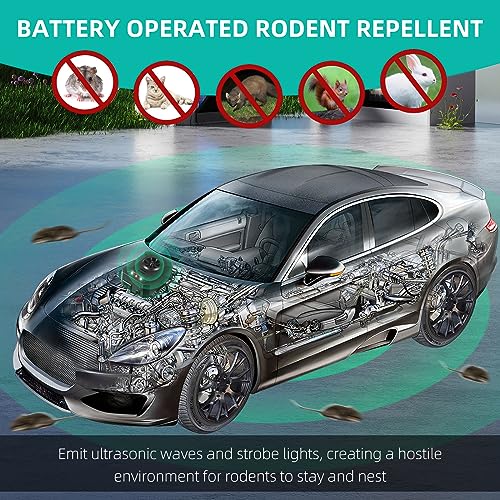 4 Pack Rodent Repellent Ultrasonic Under Hood, Mouse Repellent with Ultrasonic and Strobe Light Keep Mouse Rodents Squirrel Rat Mice Out of Car Engine Truck RV,Rodent Deterrent for Vehicle Protection