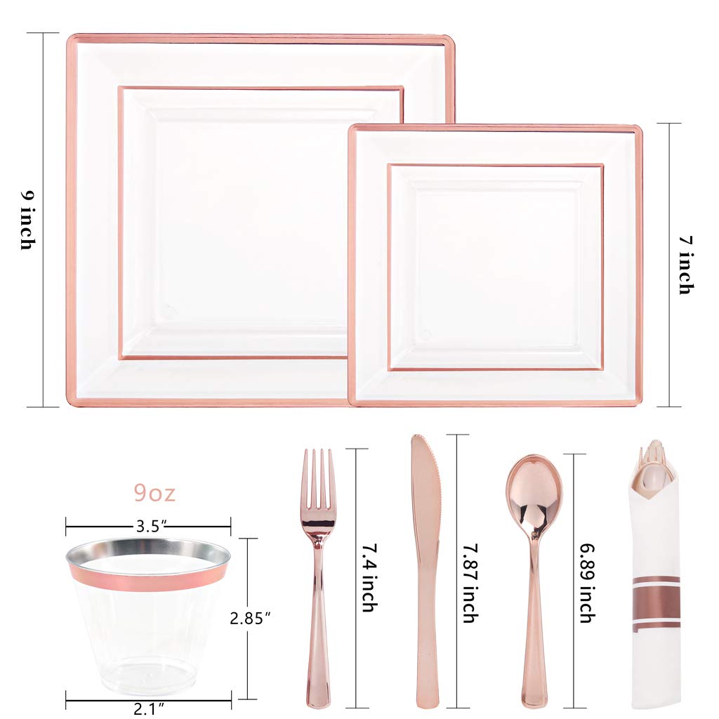 WELLIFE 350 PCS Rose Gold Square Plastic Plates, Disposable Rose Gold Dinnerware Set, Includes: 50 Dinner Plates10.25”, 50 Dessert Plates7.5”, 50 Cups 9 OZ, 50 Pre Rolled Napkins with Cutlery