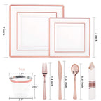 WELLIFE 350 PCS Rose Gold Square Plastic Plates, Disposable Rose Gold Dinnerware Set, Includes: 50 Dinner Plates10.25”, 50 Dessert Plates7.5”, 50 Cups 9 OZ, 50 Pre Rolled Napkins with Cutlery
