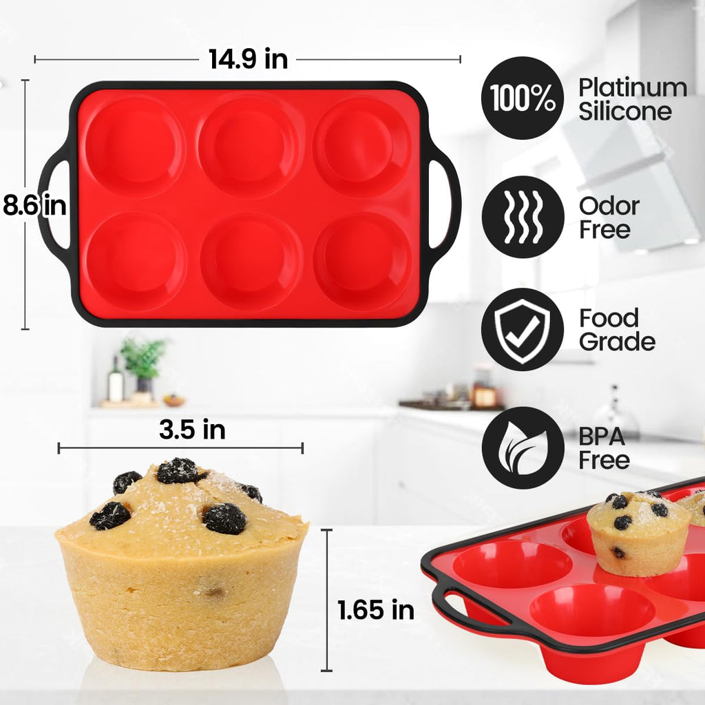 Jumbo Muffin Pan, 3.5 Inch Large Muffin Pan with Metal Reinforced Frame 6 Cup Silicone Jumbo Cupcake Pans for Baking Easy to Handle 2 Pack Red Black Brim