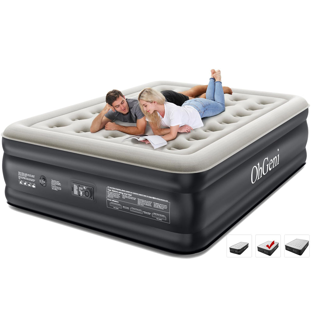 OhGeni Queen Air Mattress with Built in Pump, Blow Up Colchones Inflables Mattress for Guests, Foldable Portable Air Mattresses with Carrying Bag, 18" Raised Elevated Air Bed for Camping,Black Airbed