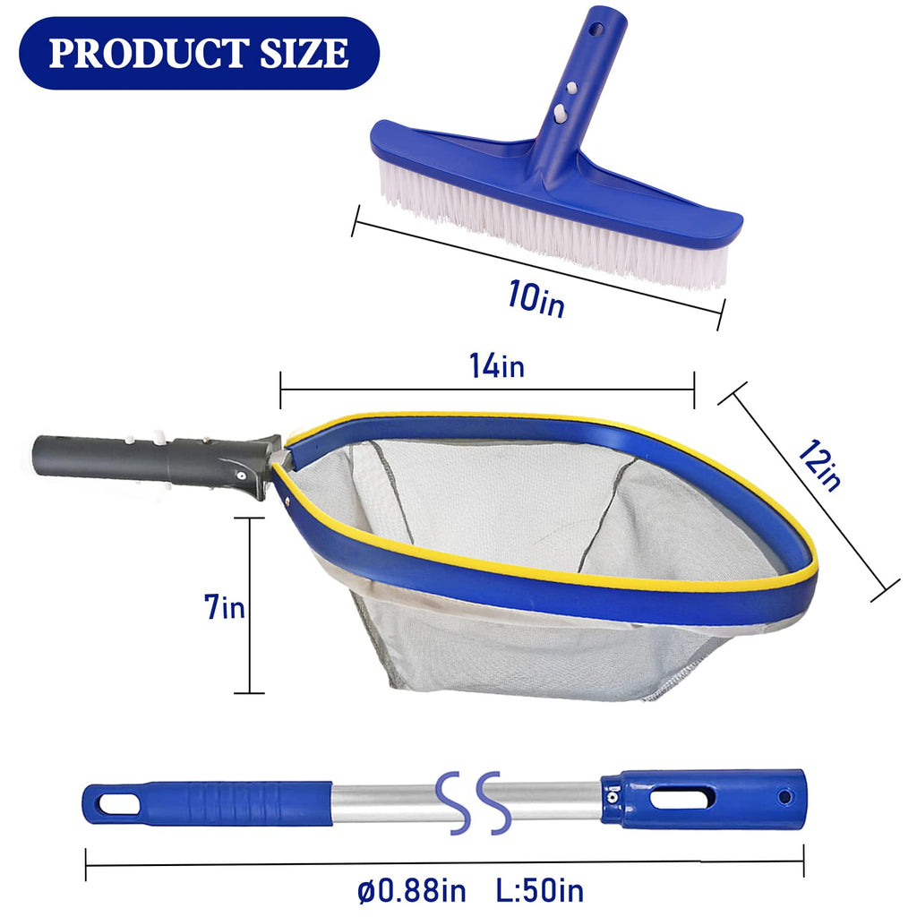 Poolvio Swimming Pool Cleaning Kit, 14'' Brush Head & 50'' Telescopic Aluminum Pole with Fine Mesh Skimmer Net - Perfect for Above Ground Pools, Spas, Hot Tub Fountains Blue (PK0140)