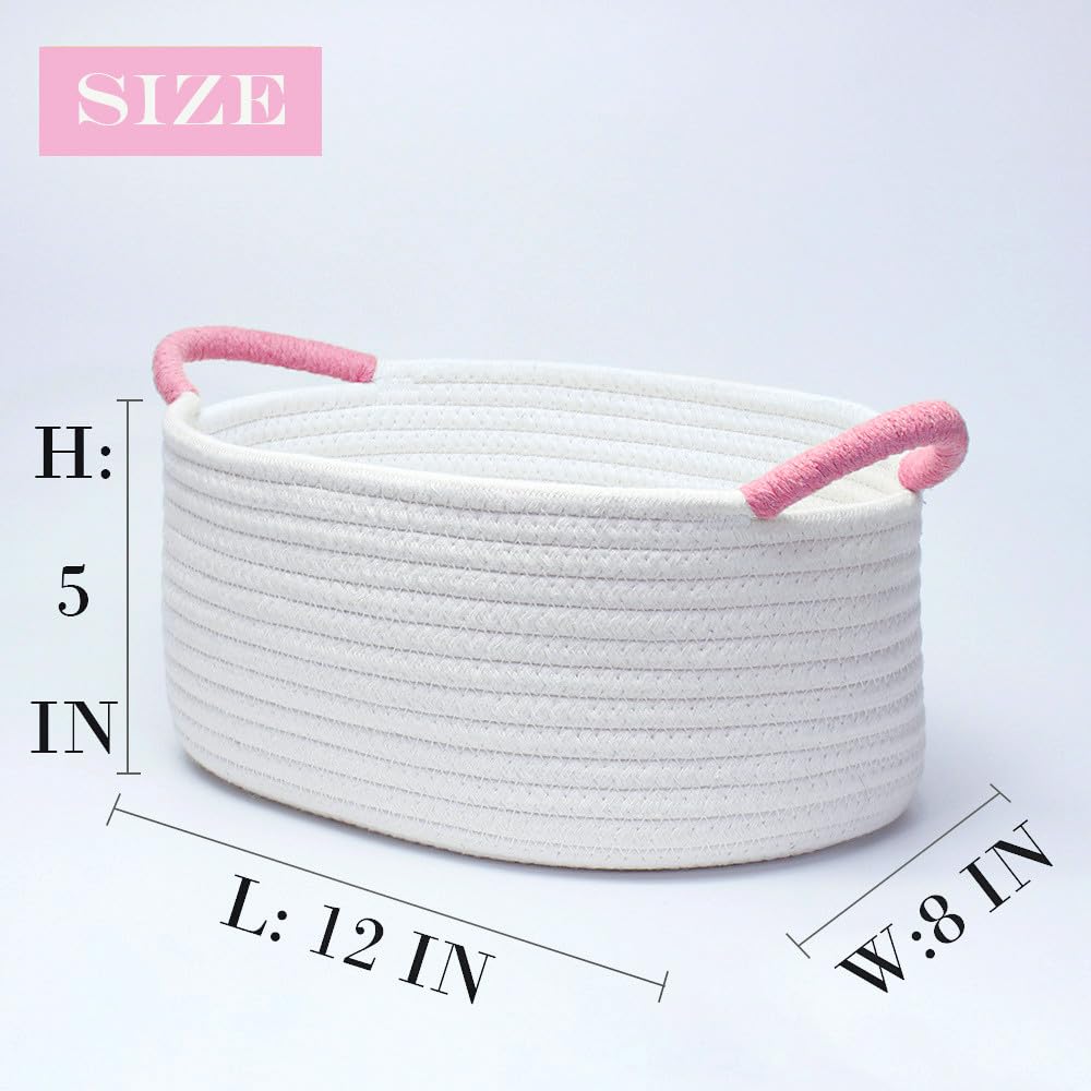 Yimi's Dream Baskets for Gifts Empty, Small Storage Baskets for Shelf, Decorative White Woven Baskets with Pink Handle for Mom, Nursery, Baby Shower, Christmas(Oval, 12"x 8"x 5")