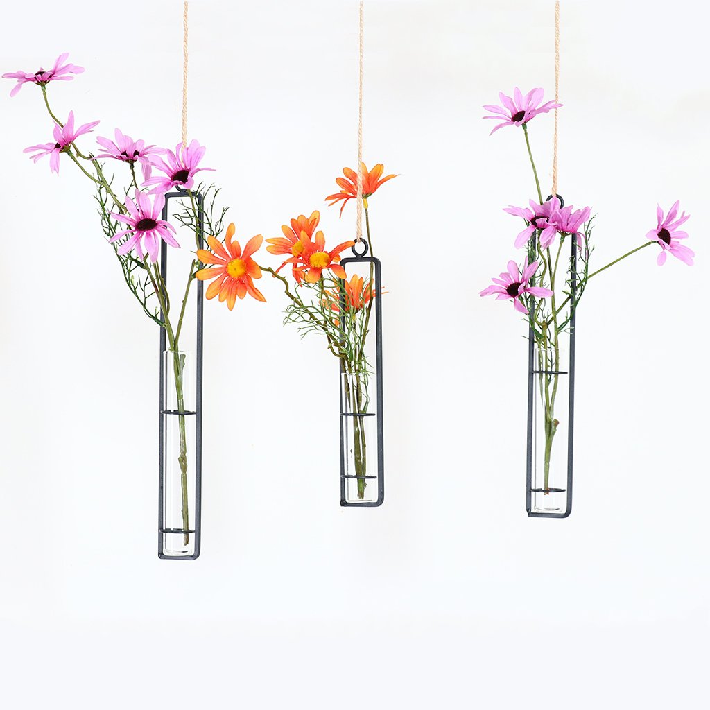 AODERUM Hanging Glass Planter Water Iron Art Hydroponic Vase Transparent Test Tube Flower Hanging Bottle Home Decoration (3pcs-S,M,L)
