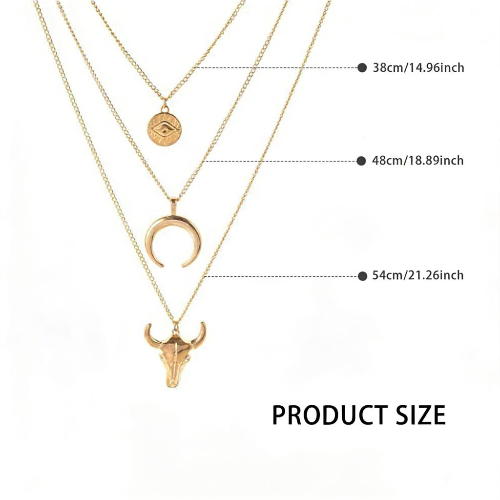 Women's Vintage Western Layered Necklaces Evil Eye Bull Head Crescent Moon Layered Necklace Boho Cowboy Cowgirl Geometric Pendant Chain Necklace Fashion Jewelry Gifts for Women (style2)