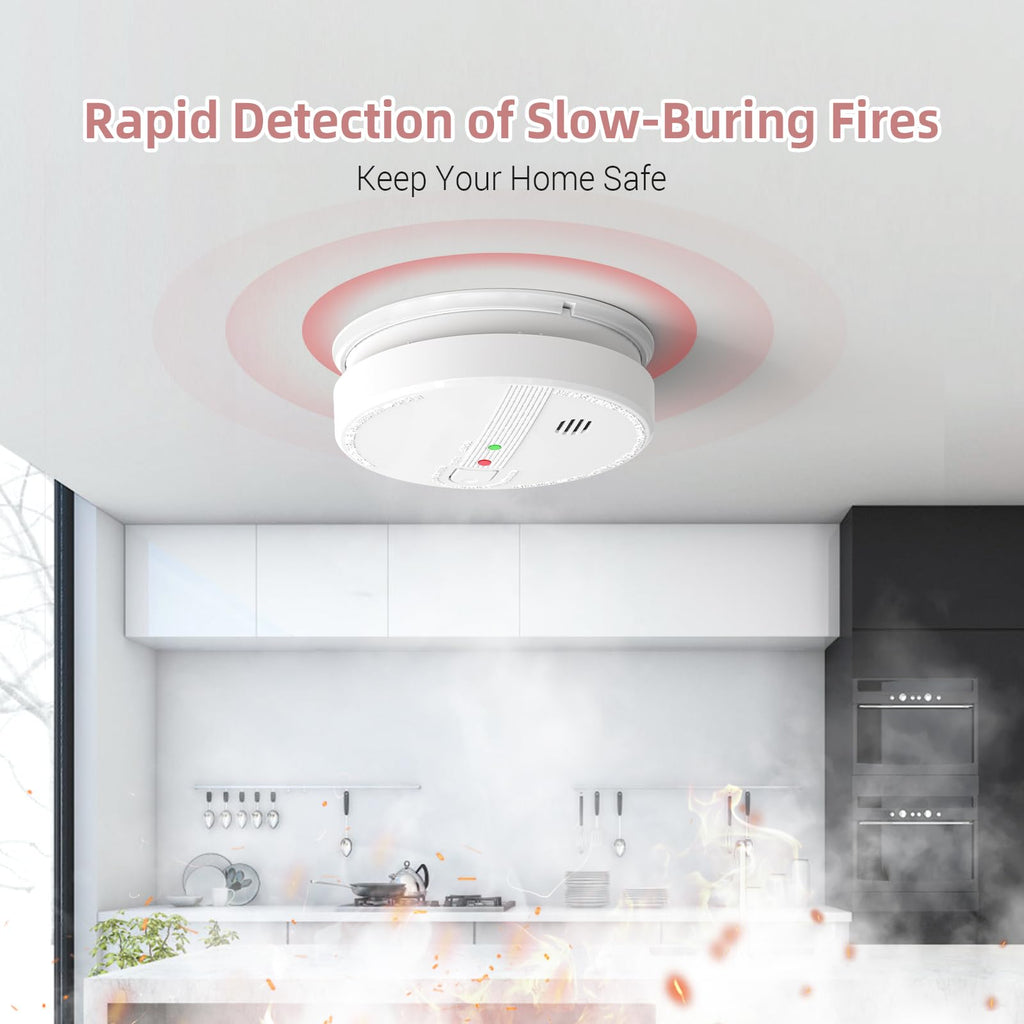 6 Packs Smoke Detector, Hardwired Interconnected Smoke Detectors, Smoke Alarm with Replaceable 9V Battery, Interconnects Up to 12 Fire Alarms, Photoelectric Fire Alarm with Test/Silence Button