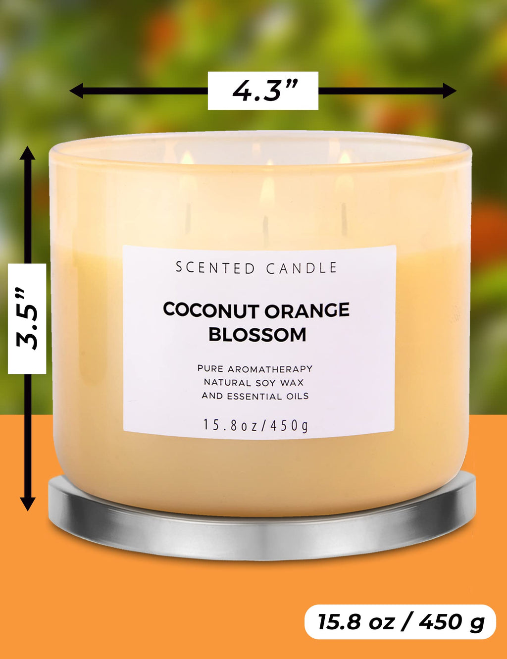 Coconut Orange Blossom 3 Wick Spring Candle - Highly Scented Soy Candles for Home - Large Stress Relief Candles –Aromatherapy Relax Candles for Women & Men 15.8 oz - Clean Burning Soy Candles