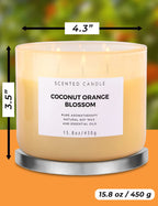 Coconut Orange Blossom 3 Wick Spring Candle - Highly Scented Soy Candles for Home - Large Stress Relief Candles –Aromatherapy Relax Candles for Women & Men 15.8 oz - Clean Burning Soy Candles