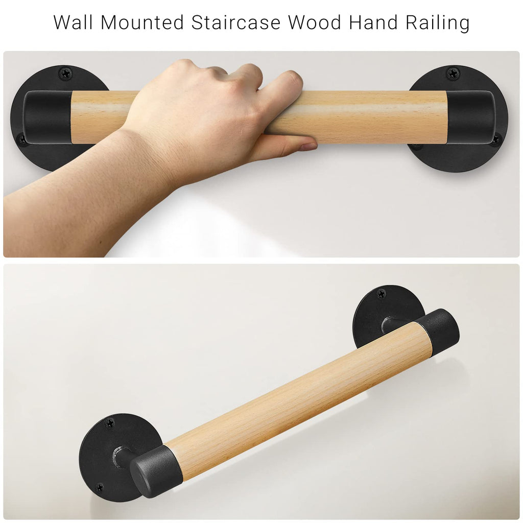 Purife 1ft Wood Handrail for Indoor Stairs, Wood Staircase Handrail W/s Black Sturdy Metal Brackets, Stair Banister Rrailing Wood Safety Grab Bar for Elderly & Kids