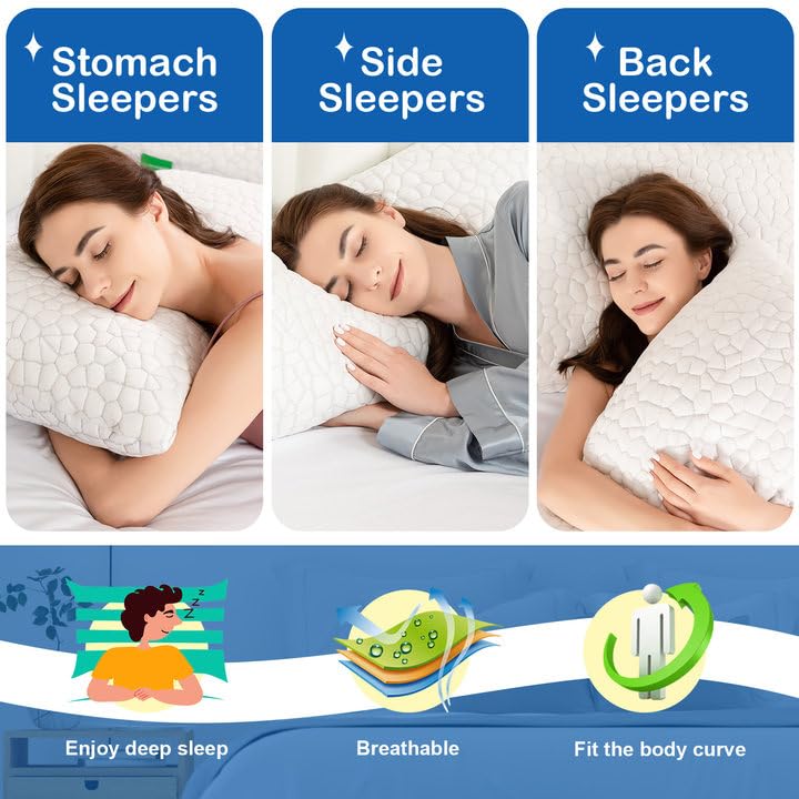 Cooling Bed Pillows for Sleeping 2 Pack Shredded Memory Foam Pillows Adjustable Cool Pillow for Side Back Stomach Sleepers Luxury Gel Pillows King Size Set of 2 with Washable Removable Cover