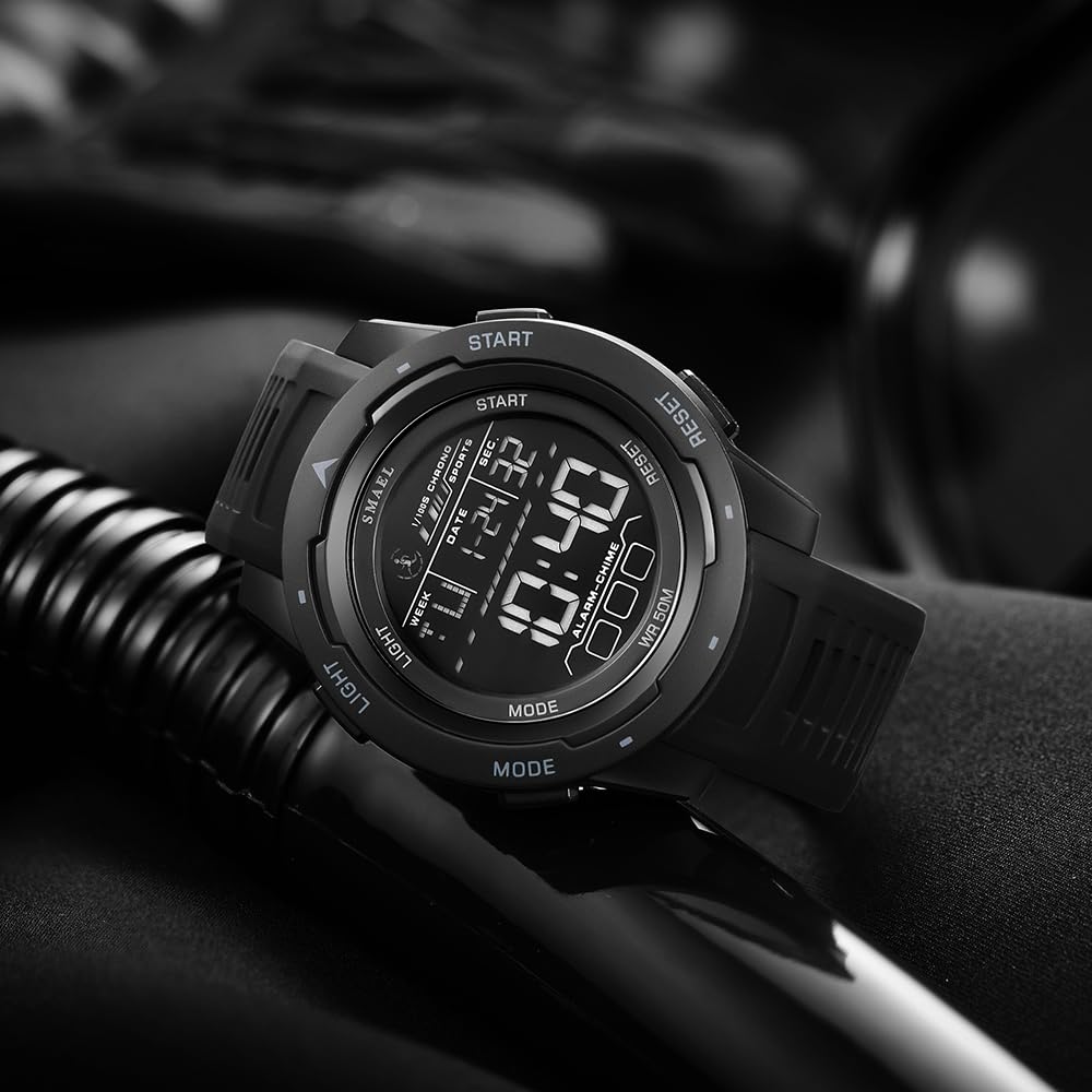 Men's Watches Sports Outdoor Waterproof Military Watch Date Multi Function Tactics LED 46mm Face Alarm Stopwatch for Men (8105 Black All)