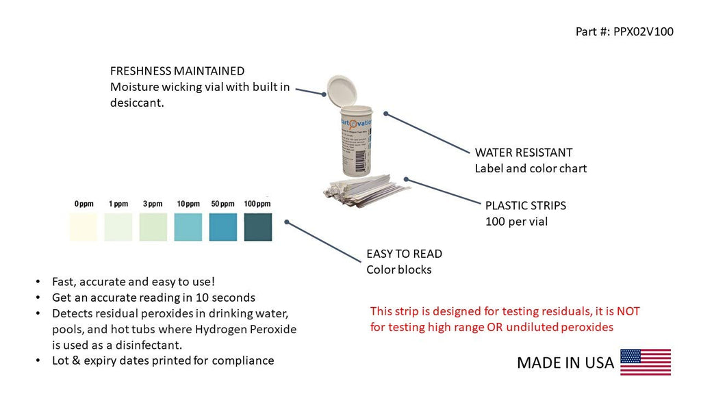 Hydrogen Peroxide H2O2 0-100 ppm Test Strip Kit, Low Level [Vial of 100 Strips]