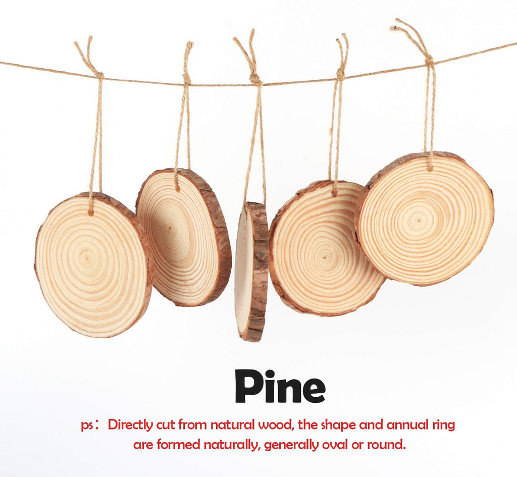 ilauke Natural Wood Slices 30Pcs 3.1''-3.5'' Unfinished Wood Crafts with Pre-drilled Hole, Wood Slices Ornaments for Christmas DIY Rustic Crafts Wooden Circles Coasters Wedding Decor, 33 Feet Twine