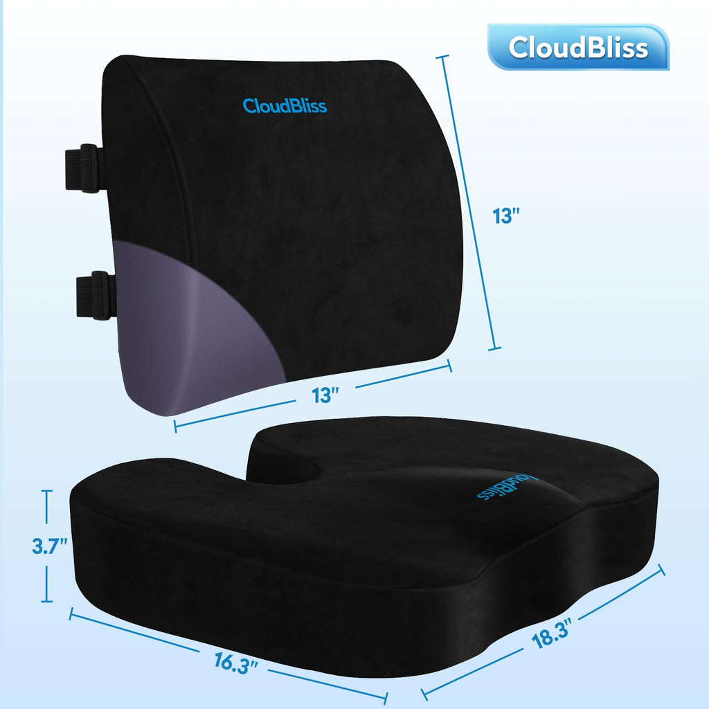 CloudBliss Seat Cushion, Office Chair Cushion,Car Seat Cushion, Lumbar Support Pillow for Office Chair, Back Support Memory Foam Pillow Coccyx Cushion for Tailbone & Sciatica Pain Relief,Black,X-Large