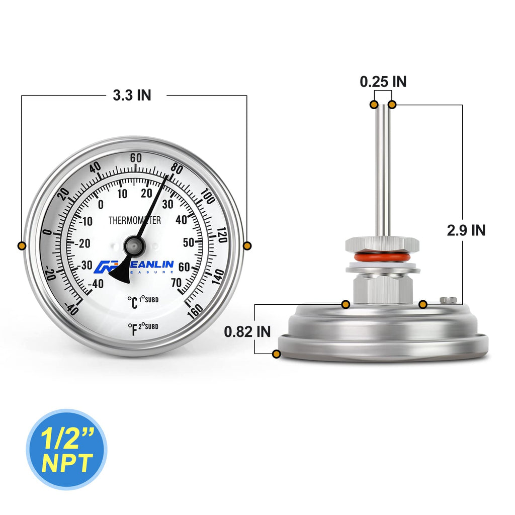 MEANLIN MEASURE 1/2" NPT Bimetal Thermometer for hot Water, boilers, and Pipes，3.3" Dial, 1-7/8" Stainless steel Stem，Temperature Range -40-160°F/-40-70 ° C, Accuracy 2%,Center Back Mount