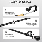 Curtain Rod for Windows 18-45 Inch, Black 5/8 Inch Small Window Treatment Rods, Short Adjustable Splicing Drapery pole, Matte Black