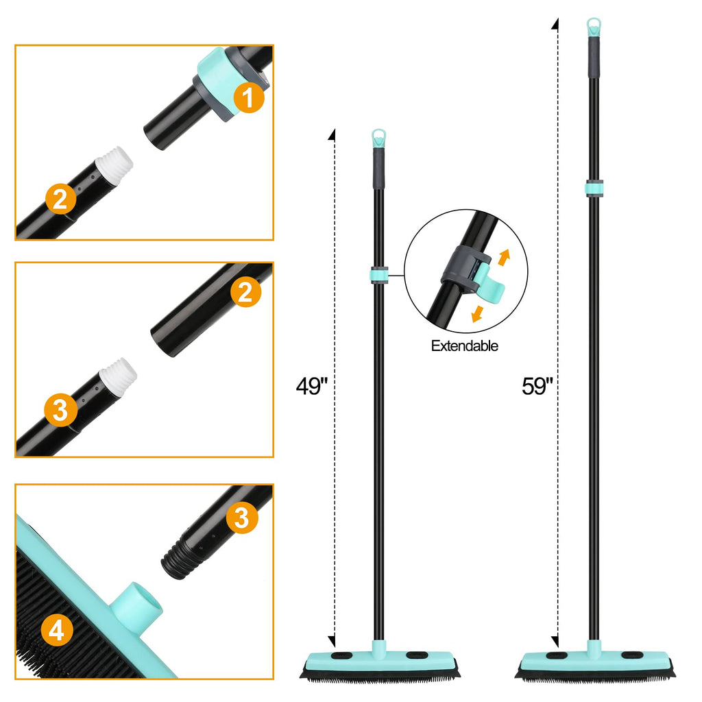 Rubber Broom Carpet Rake for Pet Hair Removal, Fur Remover Broom with 59" Telescoping Long Handle, Pet Hair Broom with Squeegee for Carpet, Hardwood Floor, Tile