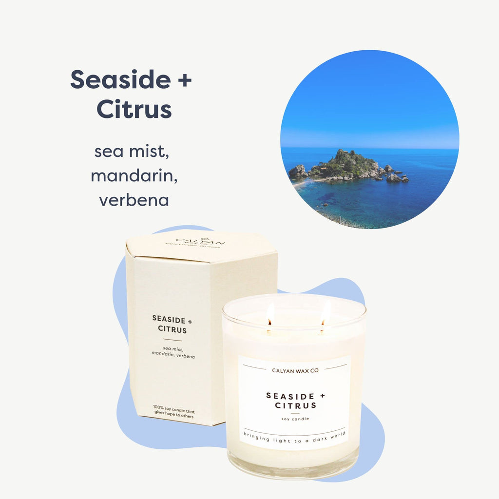 Calyan Wax Scented Candle, Seaside & Citrus, 3 Wick Candle for The Home Scented with Lemon & Cedarwood, 14.9 oz Soy Wax Candle with 43 Hour Burn Time, Non Toxic Large Candle in Glass Jar, Candle Gift