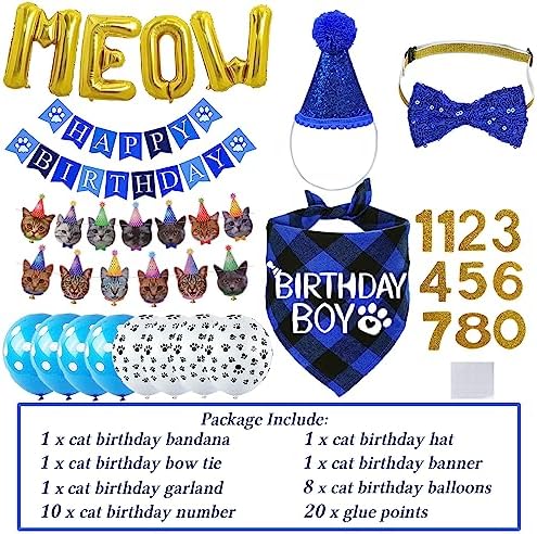 STMK Cat Birthday Party Supplies - Hat, Bandana, Bow Tie, Collar, Banner, Garland, Meow Letter Balloons, Kitten Outfits