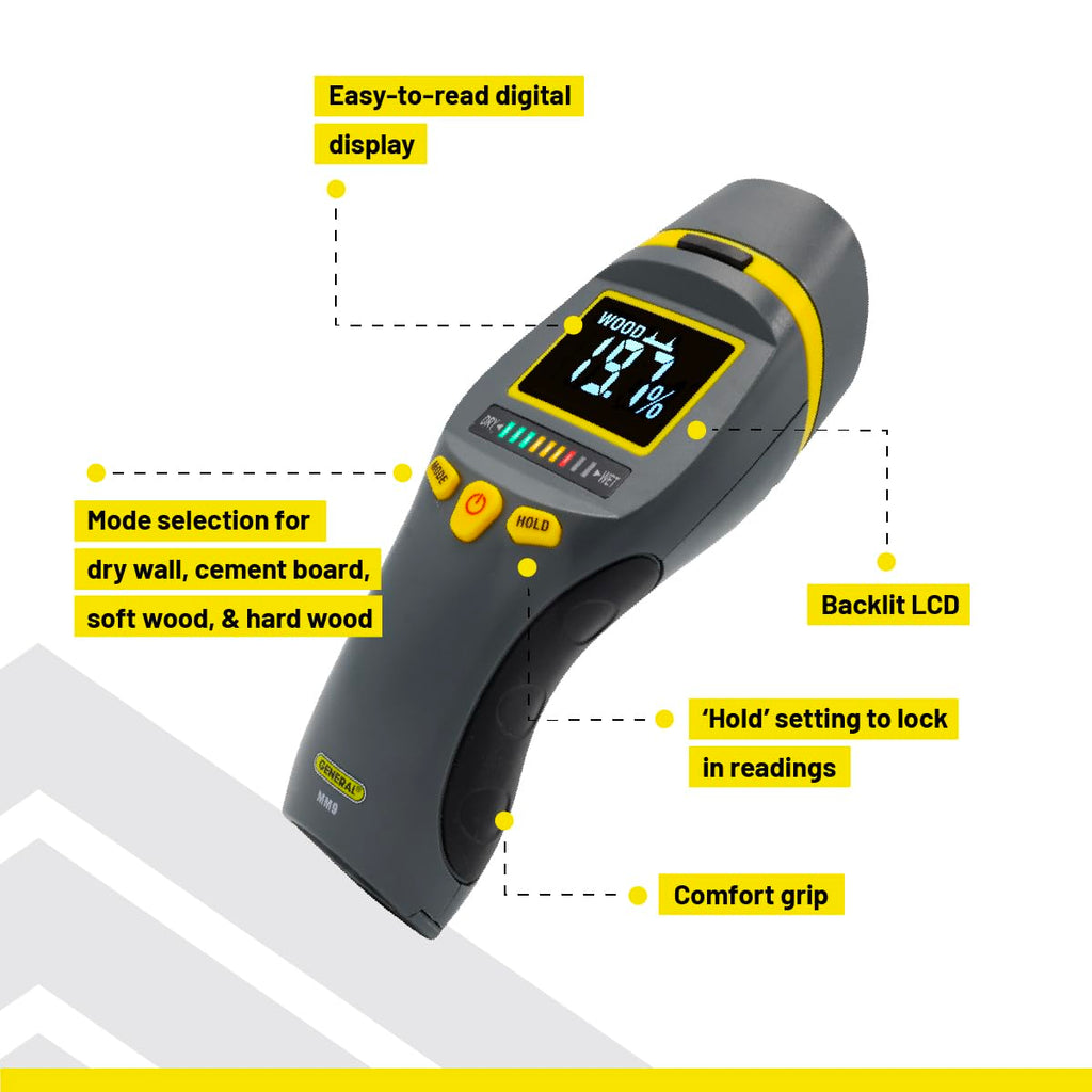 General Tools MM9 Pin & Pinless Moisture Meter – Dual Moisture Detector for Wood, Drywall & Building Materials – Digital Display, Scan & Pin Modes, Data Hold | Gift for Dad, Father’s Day Gift Idea