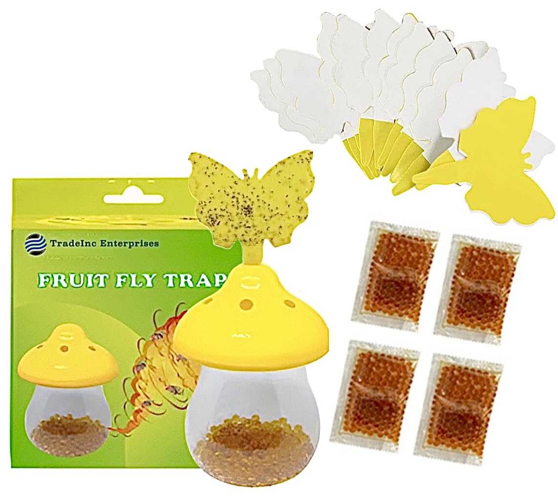 Fruit Fly Trap Killer and Sticky Traps for Indoor and Outdoor Flies - Fungus Gnat Pest Control with 4 Bait Packs and 10 Sticky Traps House Kitchen Plants Insect Bug Catcher