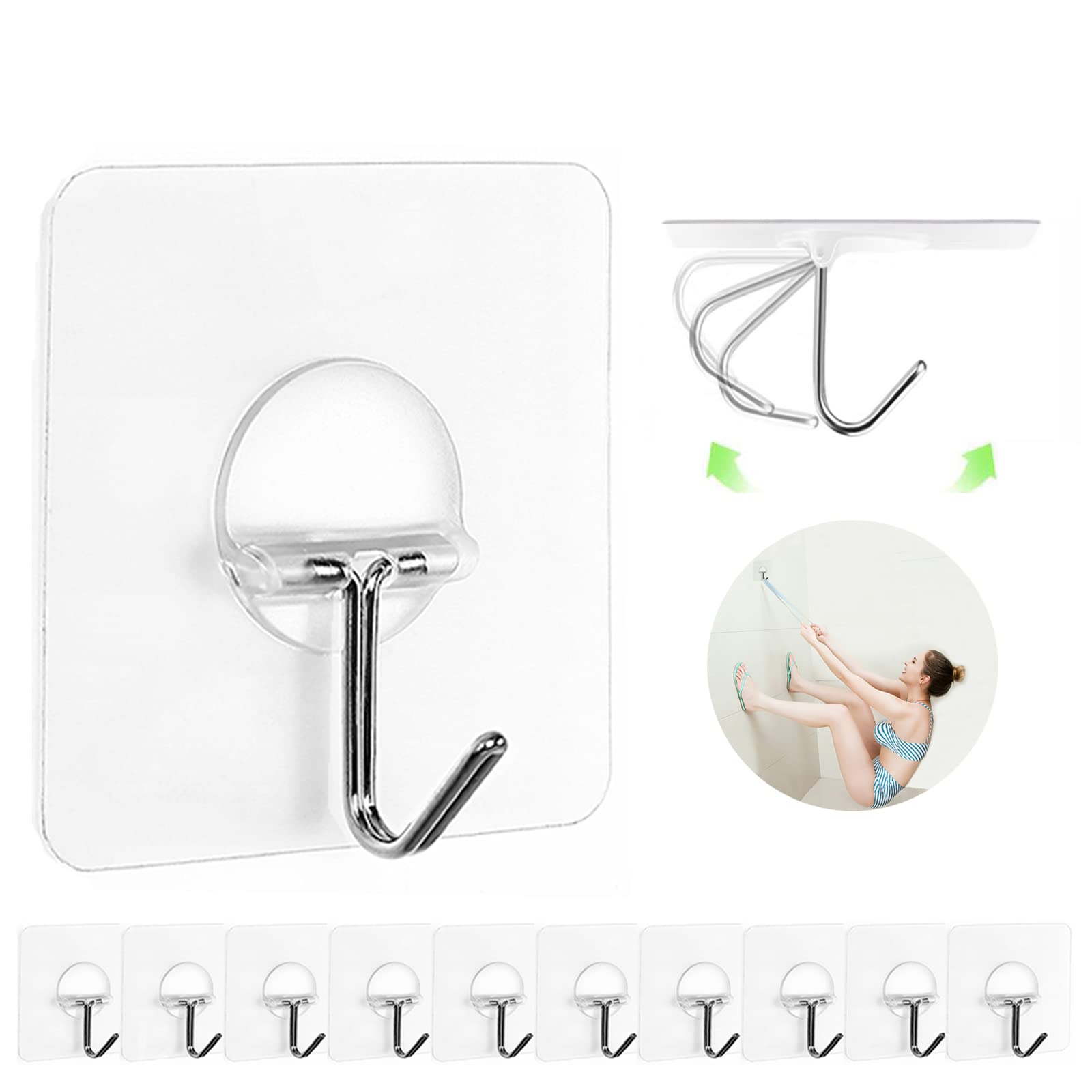 Adhesive Wall Hooks 13LB Heavy Duty No Drill Transparent Waterproof Hooks for Bathroom Kitchen Towel Coat 12 Pack