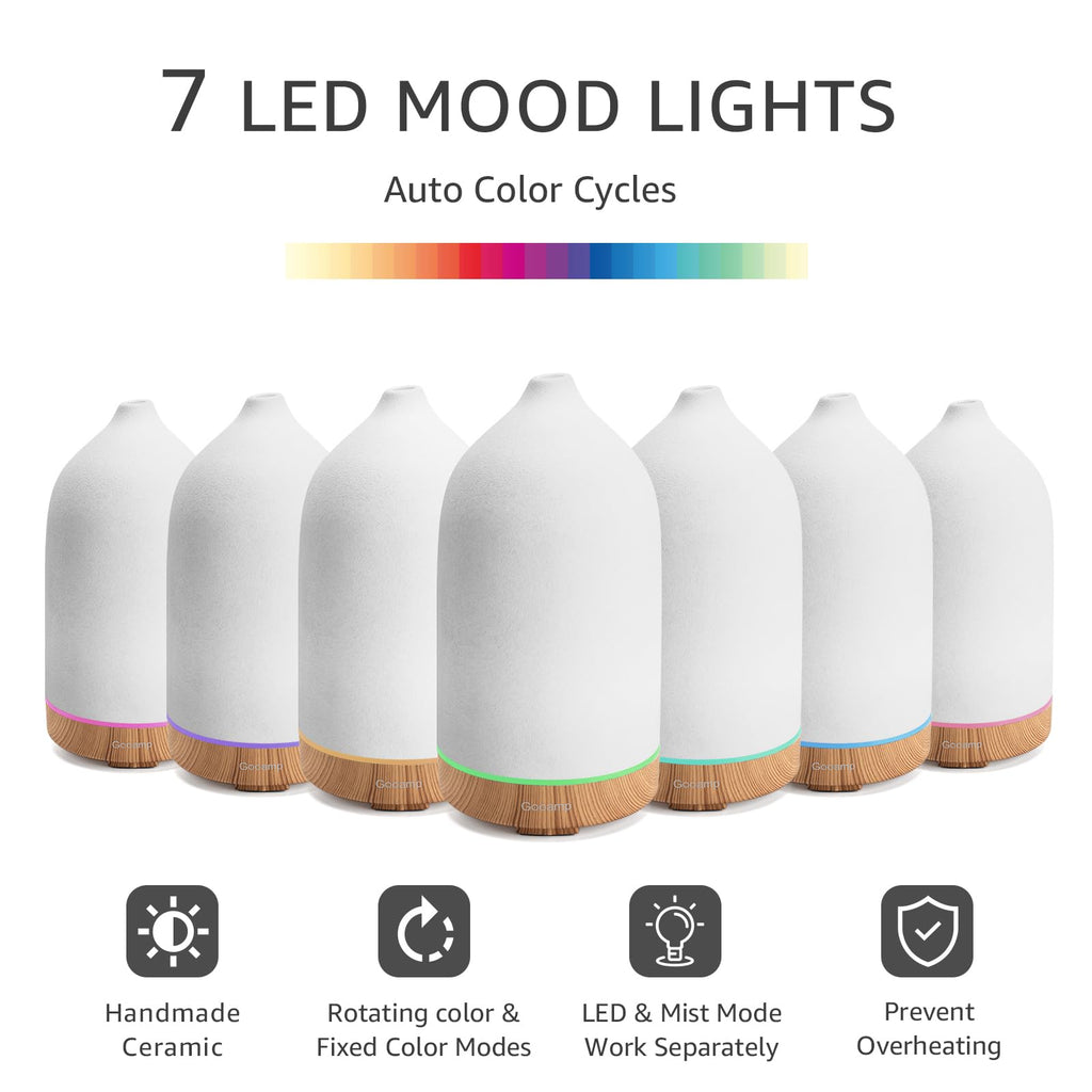 Gooamp 200ML Ceramic Diffuser,Aromatherapy Diffuser,Essential Oil Diffuser with 7 Color Lights Auto Shut Off for Home Office Room,Wood (1/3/6/ON hrs Working time)