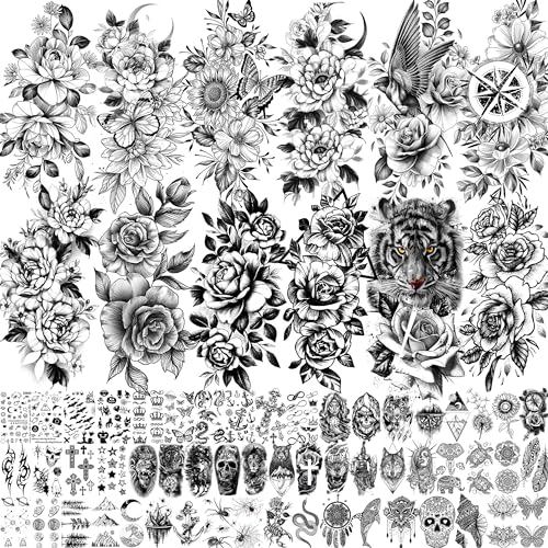 67 Sheets Black Realistic Rose Flower Temporary Tattoos For Women Girls Arm Thigh, Peony Moon Tiger Floral Temp Sleeve Tattoo Sticker Adult, Waterproof Fake Tatoos That Look Real And Last Long