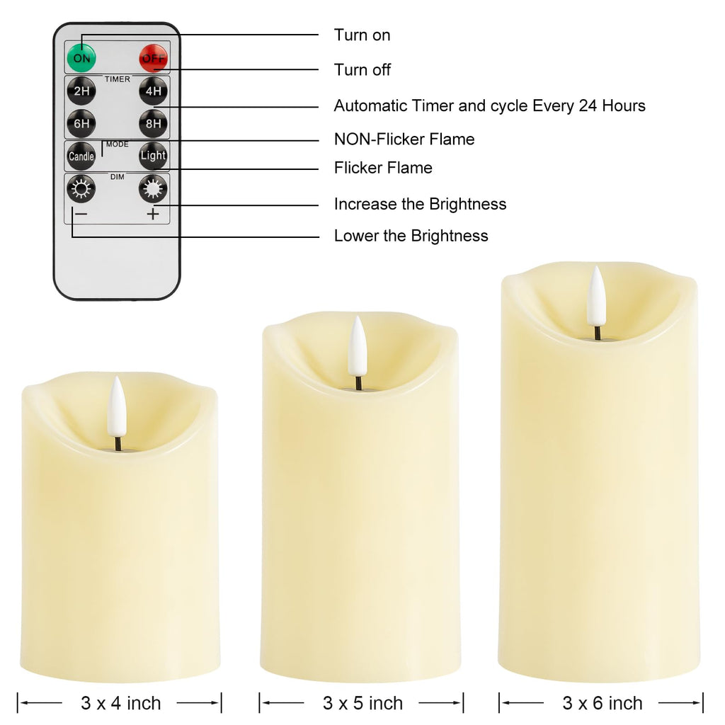 ANGELLOONG Flickering Flameless Candles with Remote, Battery Operated Fake Candles with Timer, Realistic LED Electric Pillar Candles for Home Wedding Birthday Christmas Decor, Set of 3