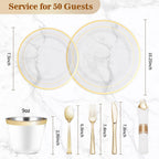 BESTVIP 350PCS Clear Gold Plastic Dinnerware Set, Disposable Party Plates for 50 Guests, Include: 100 Plastic Plates, 50 Pre Rolled Napkins with Silverware, 50 Cups