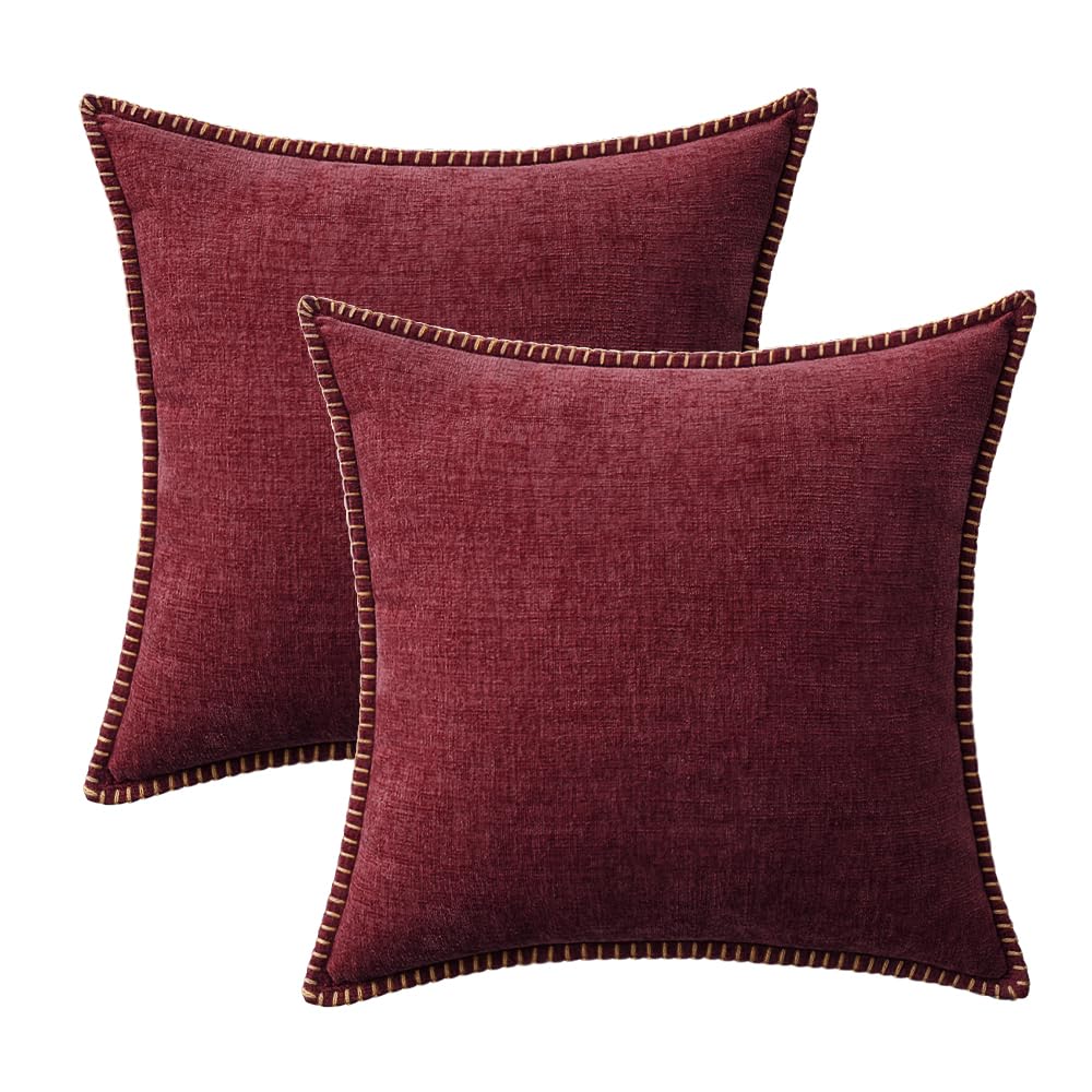 MIULEE Pack of 2 Couch Throw Pillow Covers 18x18 Inch Burgundy Red Farmhouse Decorative Pillow Covers with Stitched Edge Soft Chenille Solid Dyed Christmas Pillow Covers for Sofa Bed Living Room