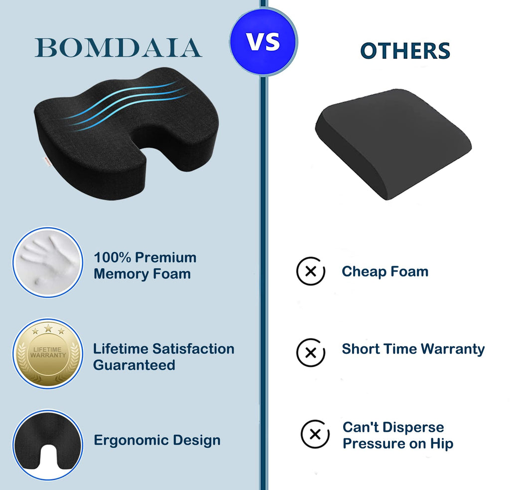 Bomdaia Seat Cushion Pillow for Office Chair, Desk Chair Car Cushion Pad for Tailbone Pain, Memory Foam Coccyx Seat Cushion for Sciatica, Back Pain Relief (Black)