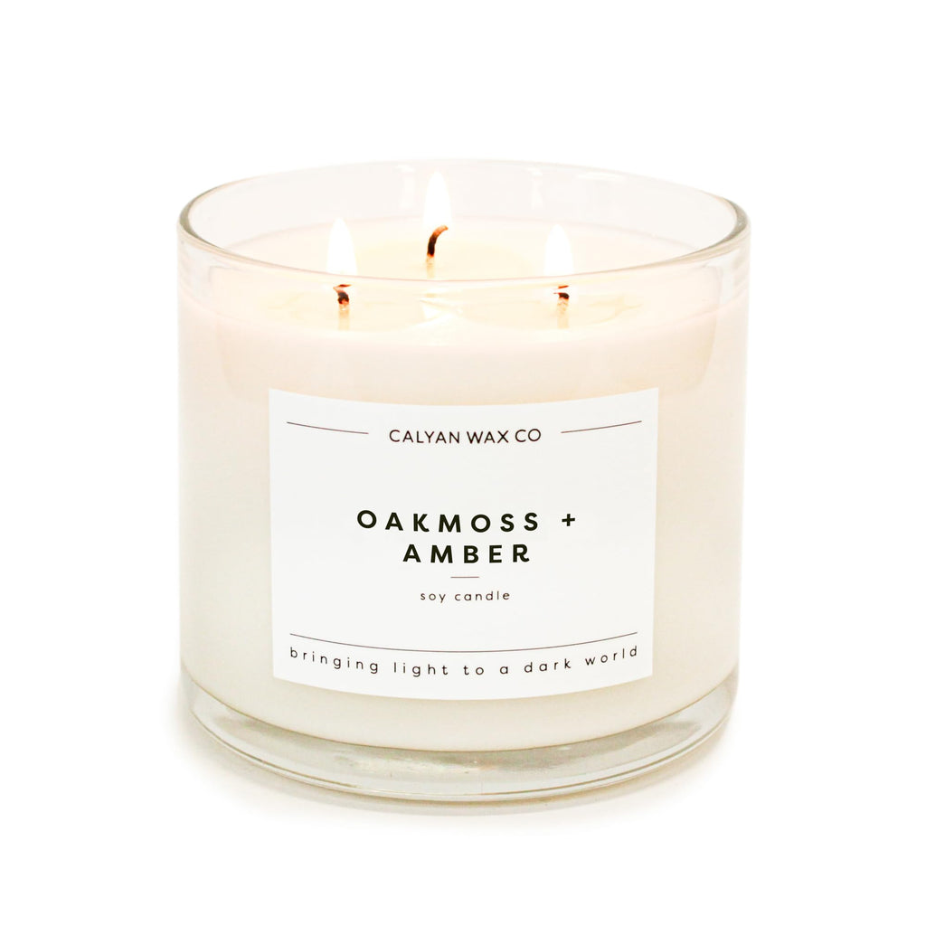 Calyan Wax Scented Candle, Oakmoss & Amber, 3 Wick Candle for The Home Scented with Moss & Sage, 14.9 oz Soy Wax Candle with 43 Hour Burn Time, Non Toxic Large Candle in Glass Jar, Candle Gift