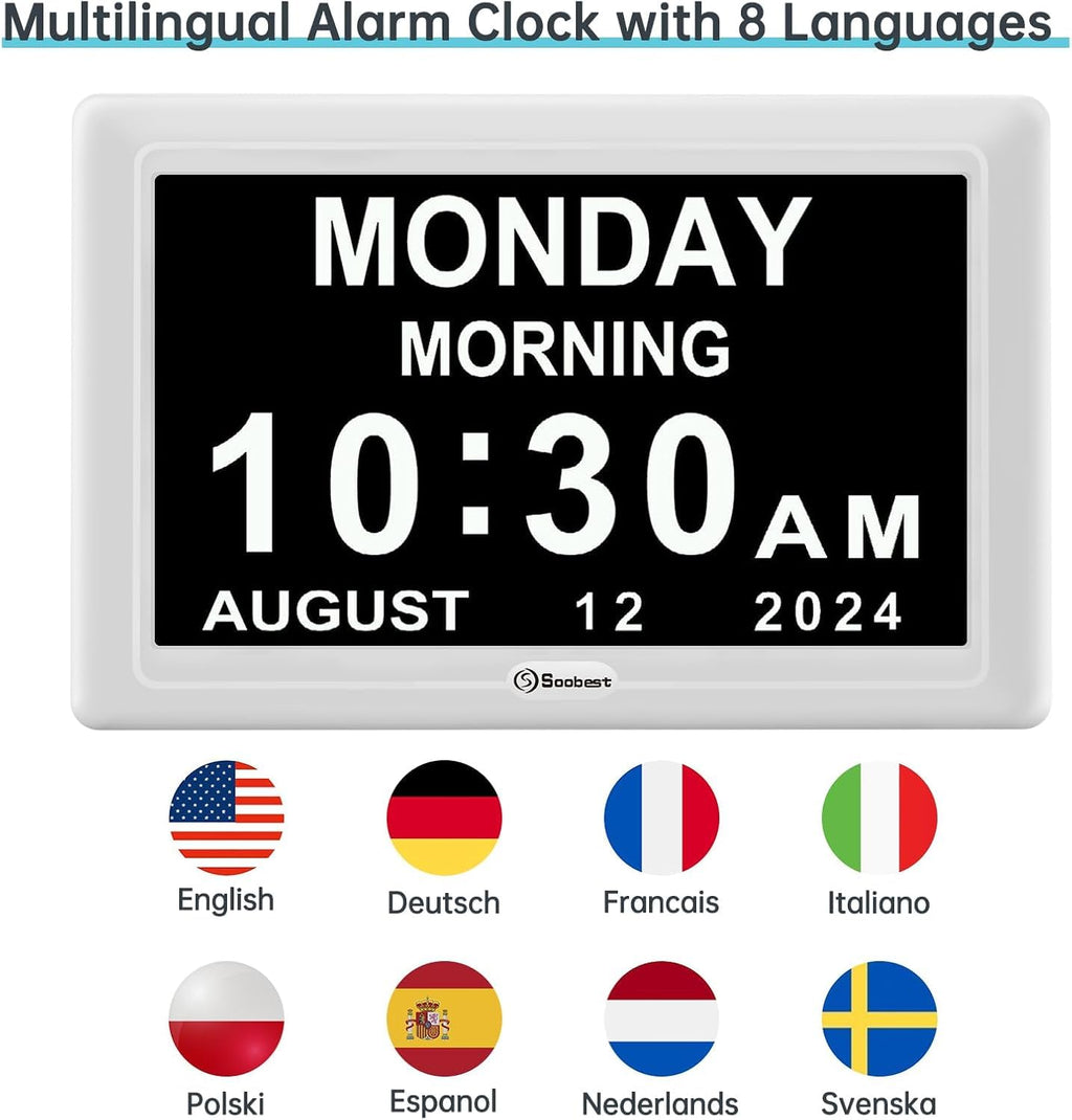 Soobest Digital Dementia Alarm Clock Large Display for Seniors, Plug in Electric Date Day of Week Calendar Clock 12 Alarms 3 Ringtones for Elderly Memory Loss Alzheimer’s, Auto DST (7" White)