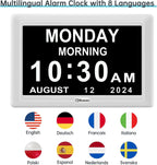 Soobest Digital Dementia Alarm Clock Large Display for Seniors, Plug in Electric Date Day of Week Calendar Clock 12 Alarms 3 Ringtones for Elderly Memory Loss Alzheimer’s, Auto DST (7" White)