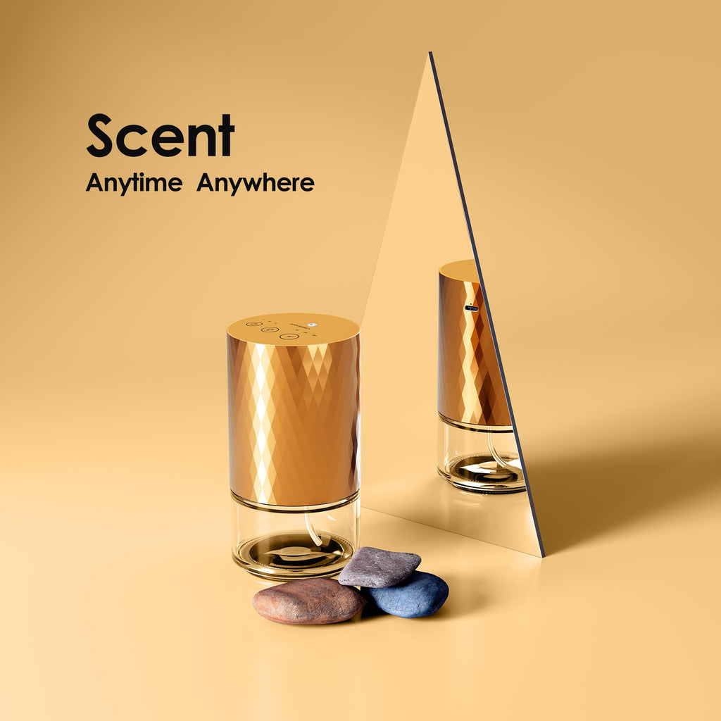 Airversa Waterless Diffuser for Essential Oil 100ml Capacity Battery Operated Aromatherapy Nebulizer Mini Scent Air Machine 1/2/3H/Continous 3 Mist Level 3 Lighting Effects(Scenta Shine Gold)
