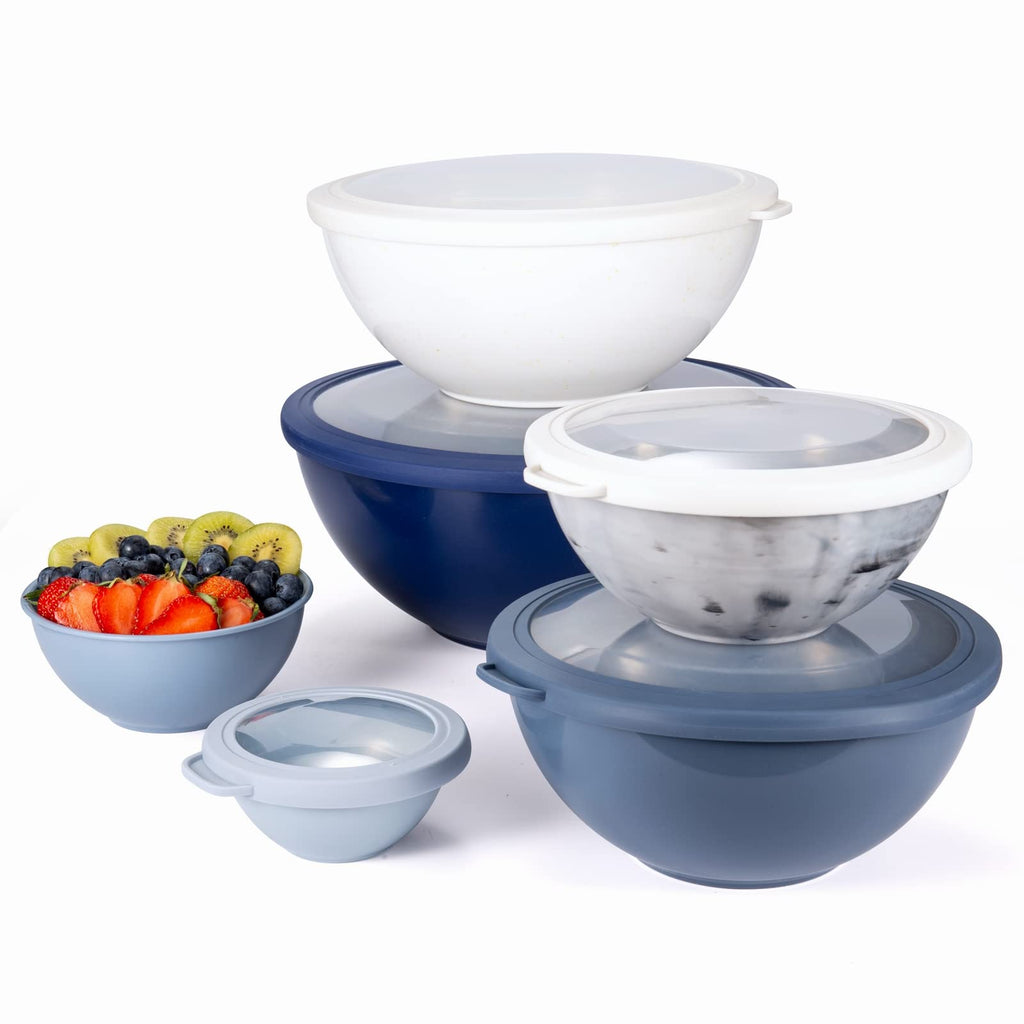 COOK WITH COLOR Mixing Bowls with TPR Lids - 12 Piece Plastic Nesting Bowls Set includes 6 Prep Bowls and 6 Lids, Microwave Safe Mixing Bowl Set (Blue and White)
