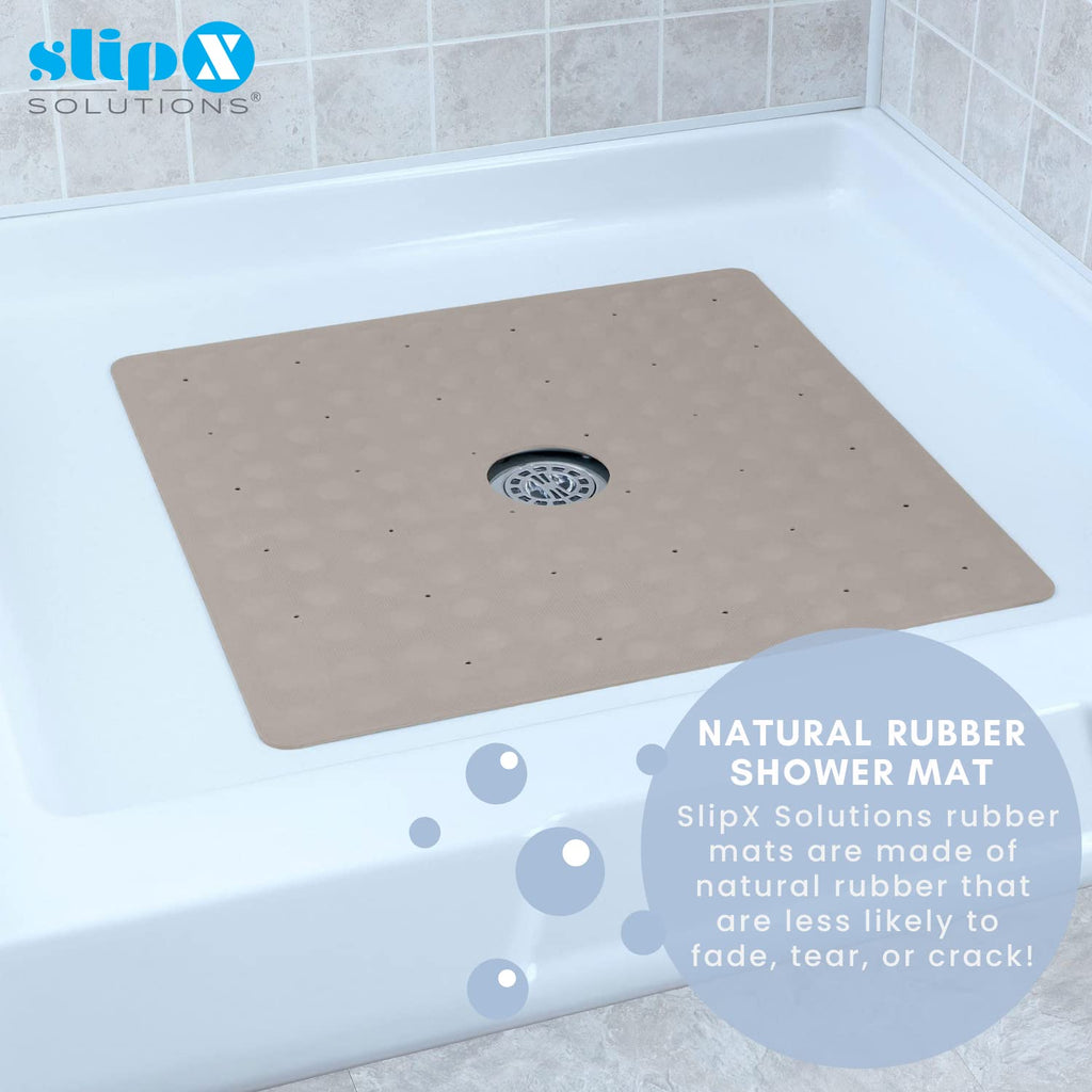 SlipX Solutions Microban-Infused Rubber Shower Mat, 21" x 21" | Anti-Slip Square Bath Mat w/ 140 Power Grip Suction Cups | Tan