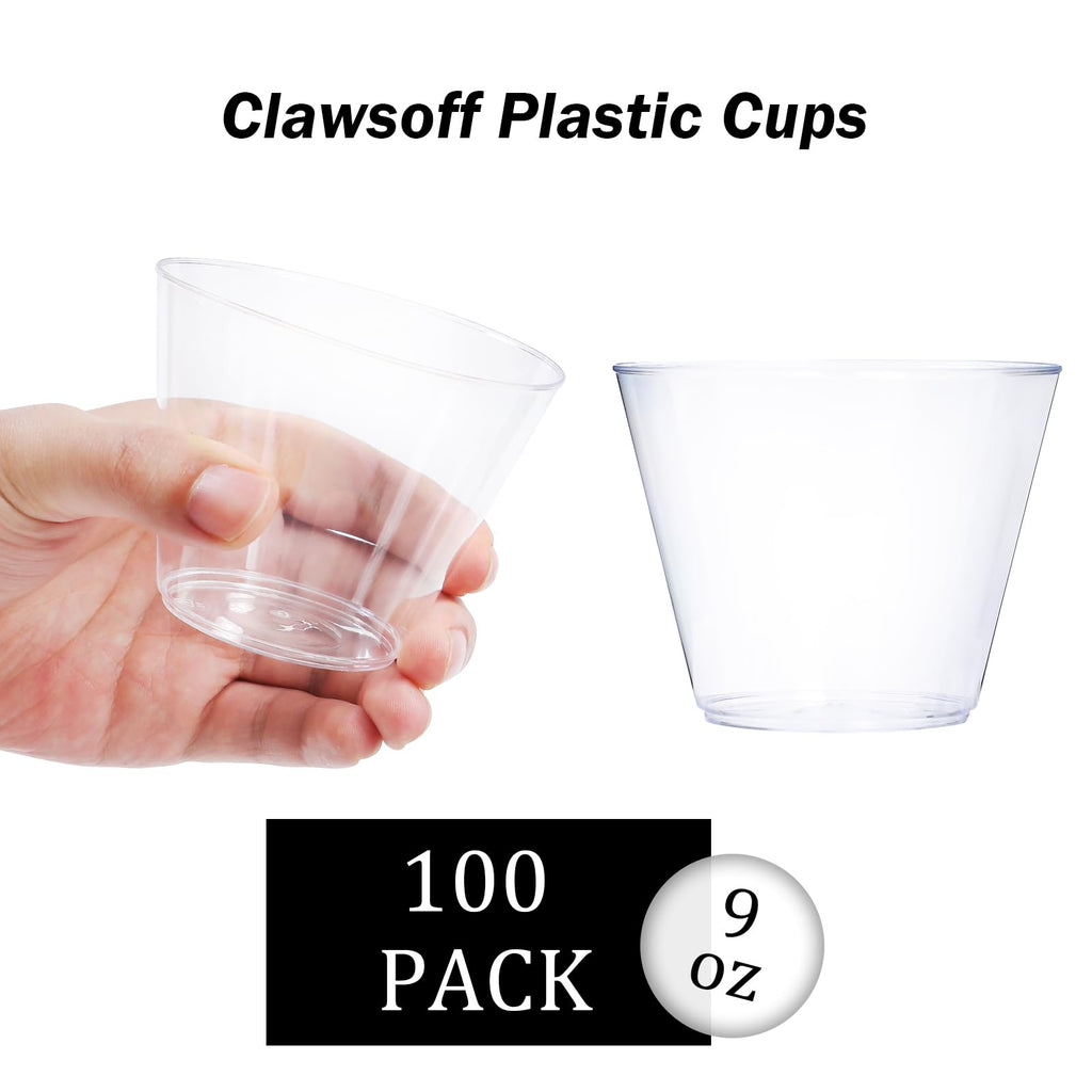 Clawsoff 9 oz Clear Plastic Cups, 100 Pack Disposable Fancy Cups for Wedding, Cocktail Cups 9 Ounce, Bulk Clear Plastic Tumblers for Iced Coffee, Cold Beverage
