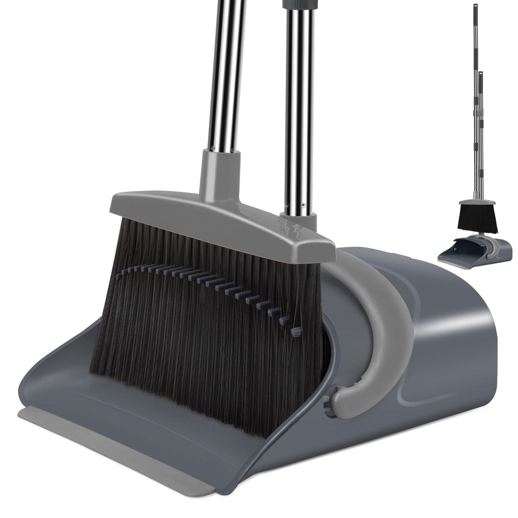 Broom and Dustpan Set, Broom Dust pan, Dustpan with Long Handle, Broom with Dustpan Combo Set, Broom and Dustpan Set for Home, Broom with Dustpan Indoor or Outdoor Broom(Deep Gray&Light Gray)