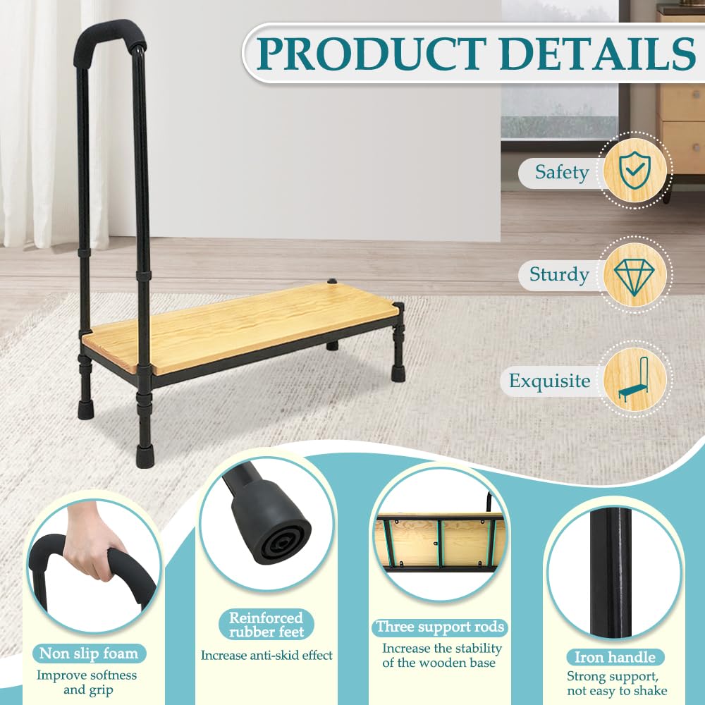 Bed Step Stool with Handle for Elderly Adults Medical Stepping Stool SUV Car Bariatric Handicap Seniors Safety Bedside Foot Step for High Beds with Adjustable Assist Handle Wide Platform