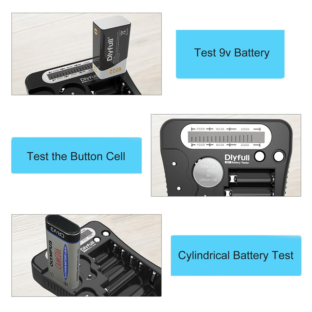 Dlyfull Battery Tester, LCD Display Universal Battery Checker for AA AAA C D 9V CR2032 CR123A CR2 CRV3 2CR5 CRP2 1.5V/3V Button Cell Batteries, 1x AAA Batteries Included