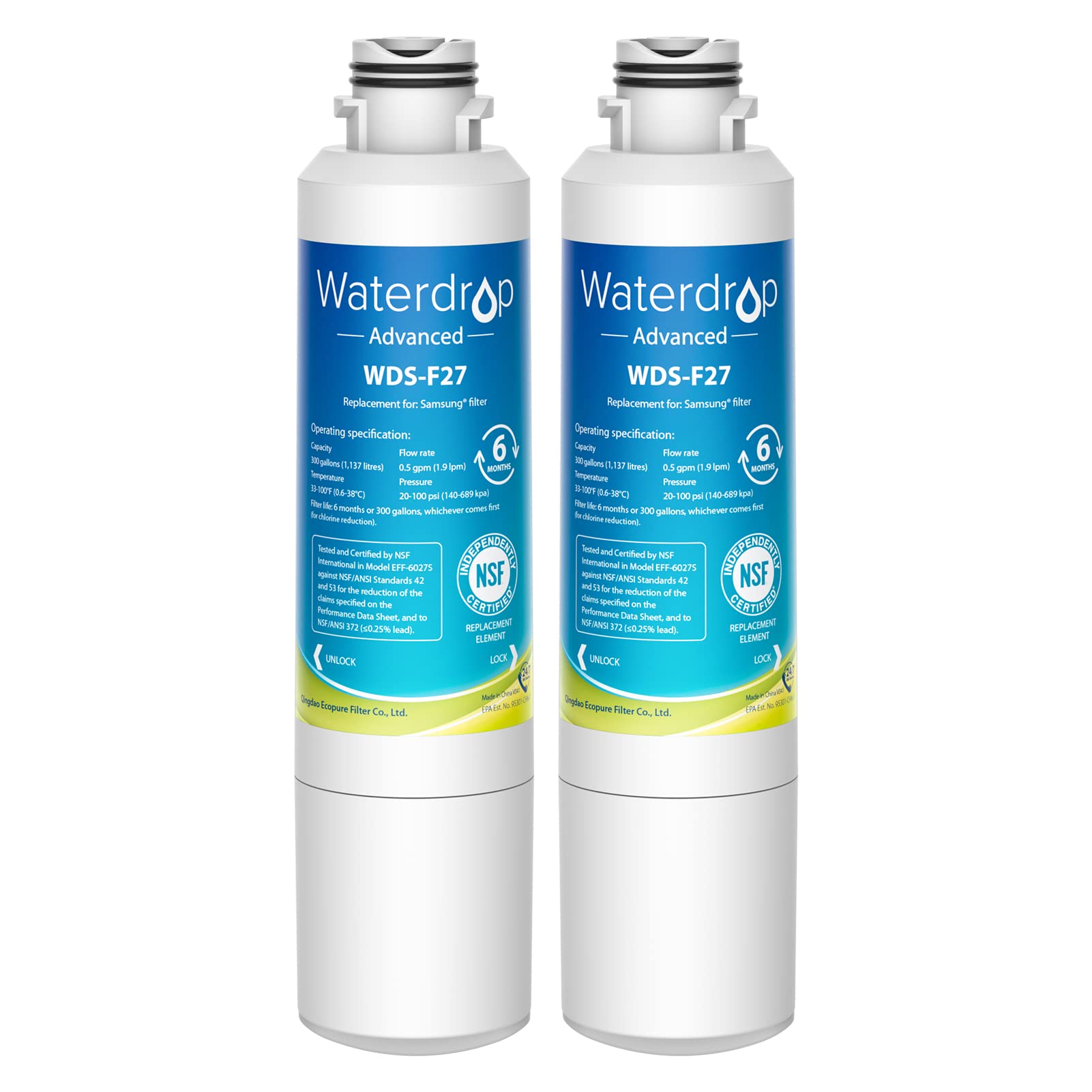 Waterdrop DA29-00020B 𝐍𝐒𝐅 𝟓𝟑&𝟒𝟐 𝐂𝐞𝐫𝐭𝐢𝐟𝐢𝐞𝐝 Water Filter, Replacement for Samsung® HAF-CIN/EXP, DA29-00020A/B, DA29-00020B-1, RF263BEAESR, RF28HMEDBSR, RS25J500DSR, 2 Filters