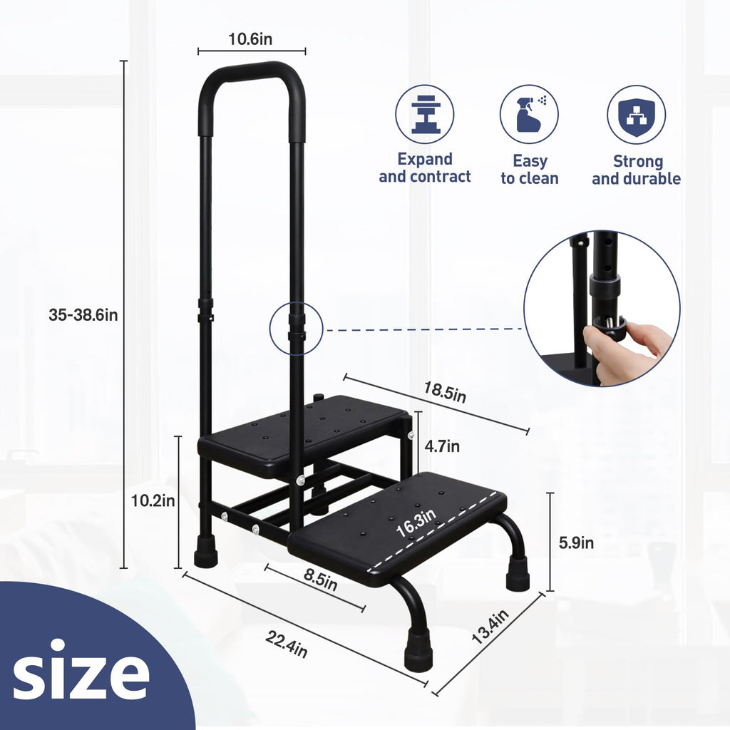 YHK Step Stool with Handle for Elderly, Heavy Duty 2 Step Stool with Handrail, Bedside Steps for High Beds for Adults, Seniors, and People with Mobility Impairments, Maximum Weight Capacity 440 lbs