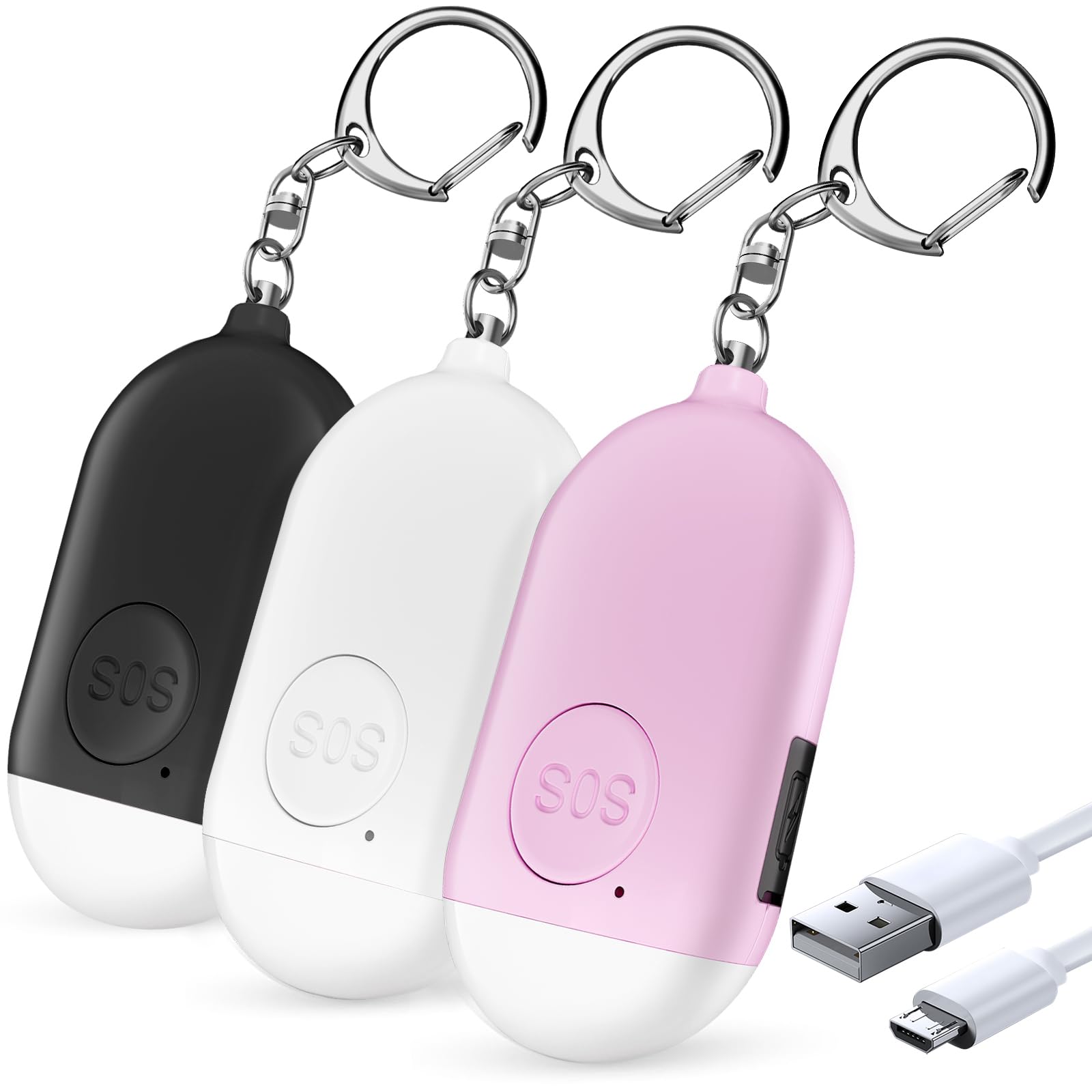 Safesound Personal Alarm Siren Song 3 Pack - 130dB Self Defense Alarm Keychain Emergency LED Flashlight with USB Rechargerable - Security Personal Protection Devices for Women Girl Kid Elderly