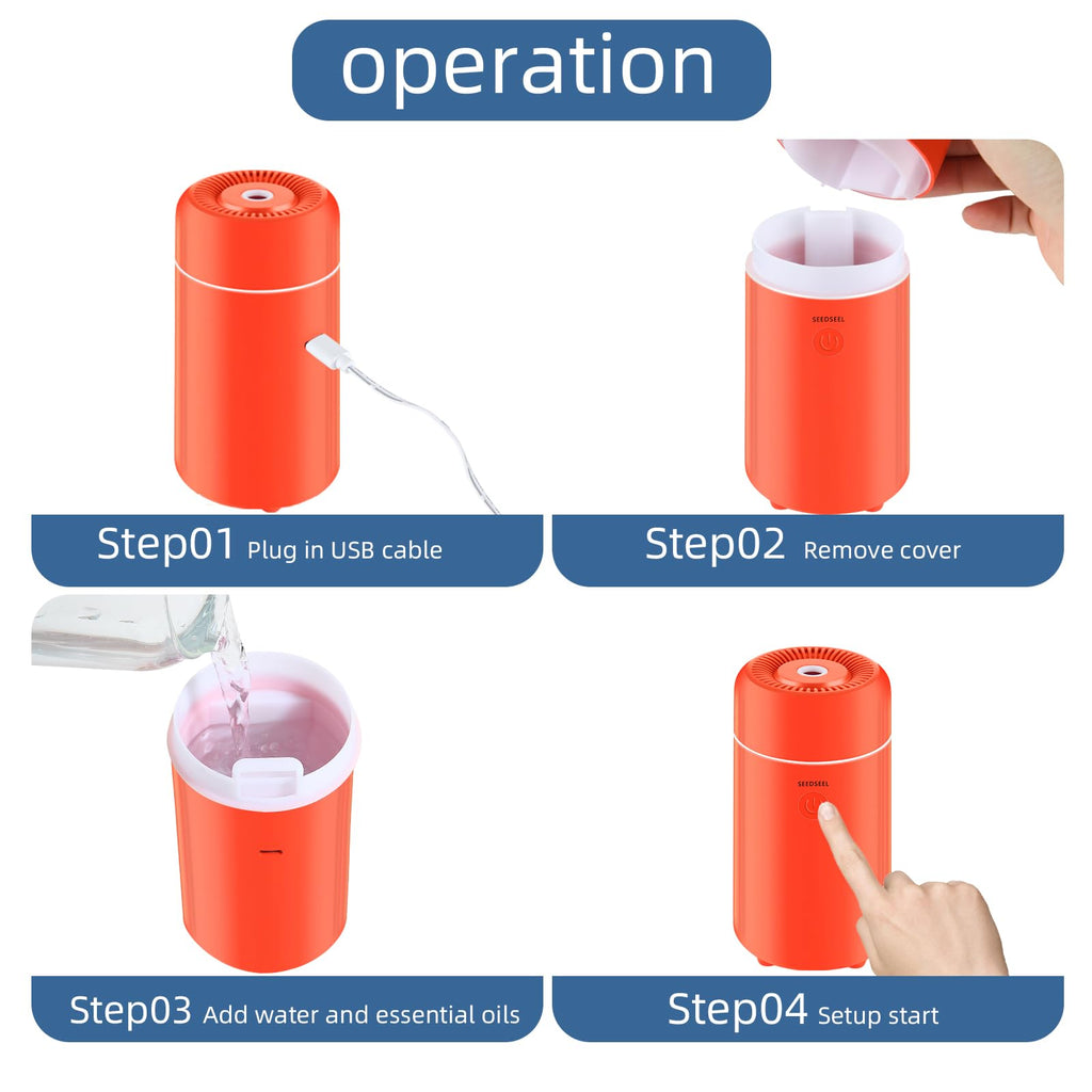 SEEDSEEL 100ML Car Essential Oil Diffuser, Mini Air Humidifier with 7-LED Color Changing, Suitable for Car (Orange)