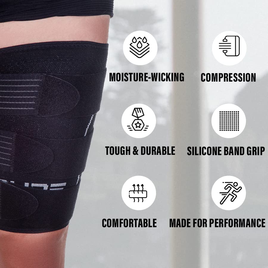 Pure Athlete Thigh Compression Sleeve – Adjustable Straps Quad Wrap Support Brace, Hamstring Upper Leg (1 Sleeve - Black, X-Large)