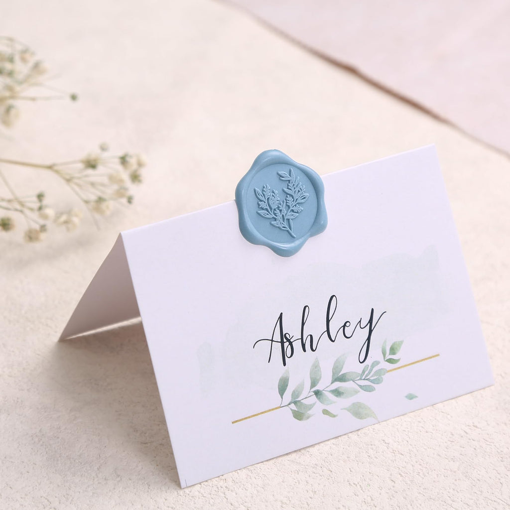 UNIQOOO Wax Seal Stickers - Eucalyptus Wedding Invitation Envelope Seal Stickers, 50 Pcs Self- Adhesive Dusty Blue Stickers, Perfect for Invitation, Christmas, Gift Wrapping